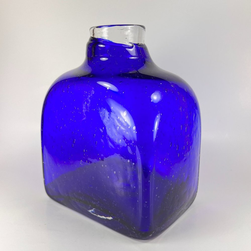 Cobalt Blue Vase Clear Cased Art Glass Hand Blown Bubbles Pattern - Picture 5 of 16